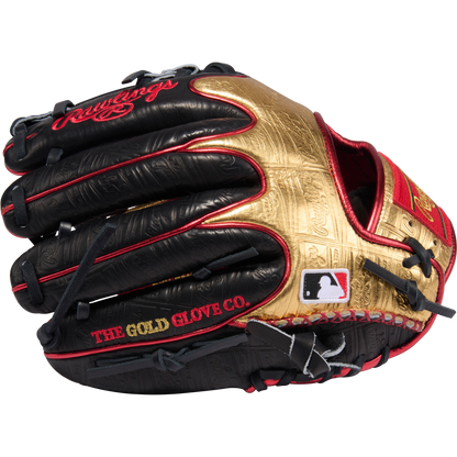 The Rawlings Heart of the Hide 11.5" Baseball Glove (PROGOLDYX), RGGC June 2026, features a black and gold design with red stitching, the MLB logo, and "THE GOLD GLOVE CO." on the side.