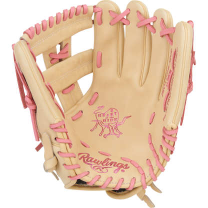 The Rawlings Heart of the Hide 12" Fastpitch Glove (PRO120SB-32CP) features a tan design with pink laces and stitching, plus signature branding on the palm and wrist, offering dedicated players both style and performance.