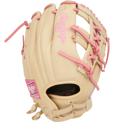 A Rawlings Heart of the Hide 12" Fastpitch Glove (PRO120SB-32CP) in tan with pink laces and pink Rawlings logos, for right-handed throwers, is shown against a white background.