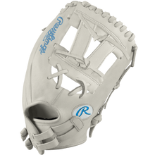 The Rawlings Heart of the Hide 12" Frost DSG Exclusive Fastpitch Glove (PRO120SB-7WCBDSG) in light gray features blue logos, an open web, and leather laces—ideal for softball players seeking top performance and stylish design.