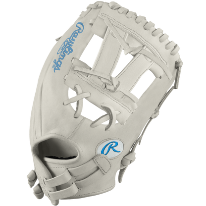 The Rawlings Heart of the Hide 12" Frost DSG Exclusive Fastpitch Glove (PRO120SB-7WCBDSG) in light gray features blue logos, an open web, and leather laces—ideal for softball players seeking top performance and stylish design.