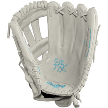 The Rawlings Heart of the Hide 12" Frost DSG Exclusive Fastpitch Glove (PRO120SB-7WCBDSG) features a white design with blue stitching, visible laces, and logo on the palm side—crafted by Rawlings for premium softball performance.