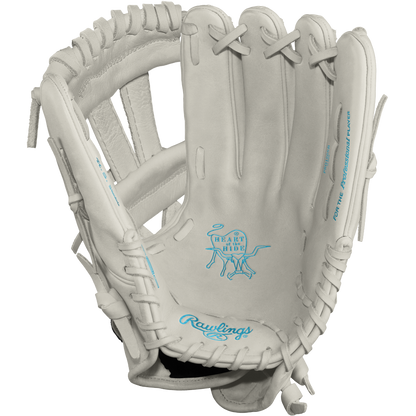 The Rawlings Heart of the Hide 12" Frost DSG Exclusive Fastpitch Glove (PRO120SB-7WCBDSG) features a white design with blue stitching, visible laces, and logo on the palm side—crafted by Rawlings for premium softball performance.