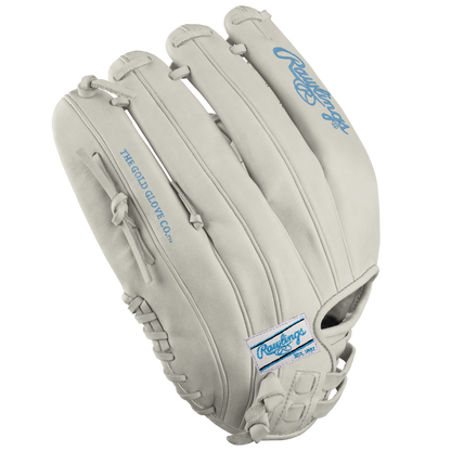 A Rawlings Heart of the Hide 12" Frost DSG Exclusive Fastpitch Glove (PRO120SB-7WCBDSG) by Rawlings rests on a white background, highlighting its premium craftsmanship and softball-ready design.
