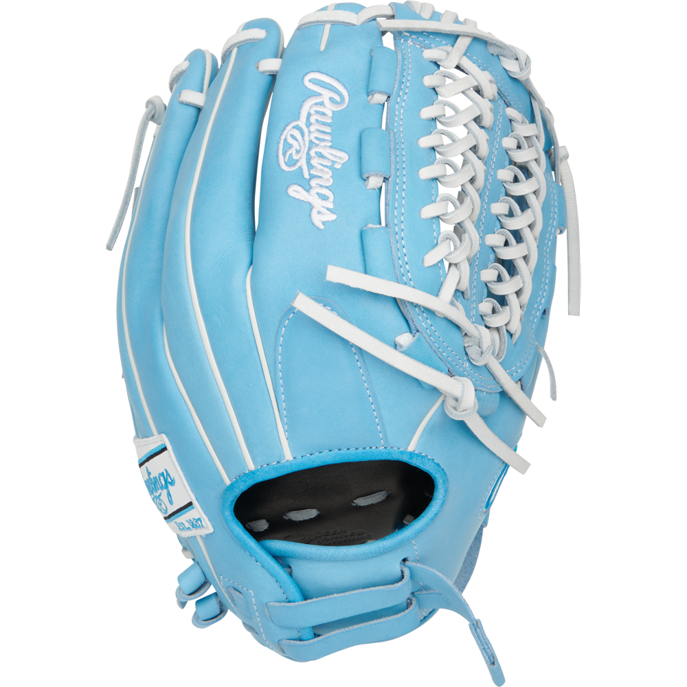 The Rawlings Heart of the Hide 12.5" Fastpitch Glove (PRO125SB-15CB) in light blue with white laces and stitching is shown from an angled side view on a plain white background.