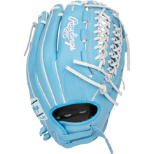 The Rawlings Heart of the Hide 12.5" Fastpitch Glove (PRO125SB-15CB) in light blue with white laces and stitching is shown from an angled side view on a plain white background.