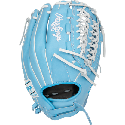 The Rawlings Heart of the Hide 12.5" Fastpitch Glove (PRO125SB-15CB) in light blue with white laces and stitching is shown from an angled side view on a plain white background.