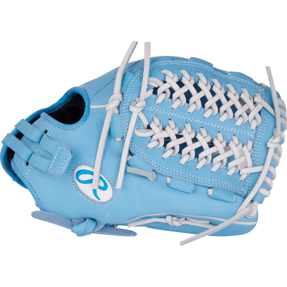 The Rawlings Heart of the Hide 12.5" Fastpitch Glove (PRO125SB-15CB) features a light blue design with white laces and a stylized R logo, displayed against a plain white background.