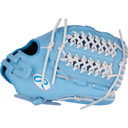 The Rawlings Heart of the Hide 12.5" Fastpitch Glove (PRO125SB-15CB) features a light blue design with white laces and a stylized R logo, displayed against a plain white background.