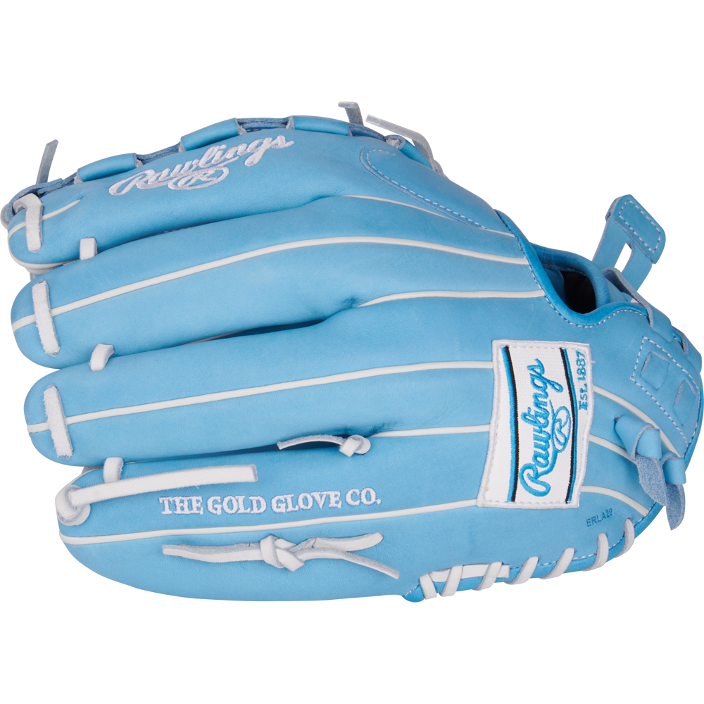 The Rawlings Heart of the Hide 12.5" Fastpitch Glove (PRO125SB-15CB) features a light blue design with white laces, “The Gold Glove Co.” and Rawlings logo embroidered on the side.