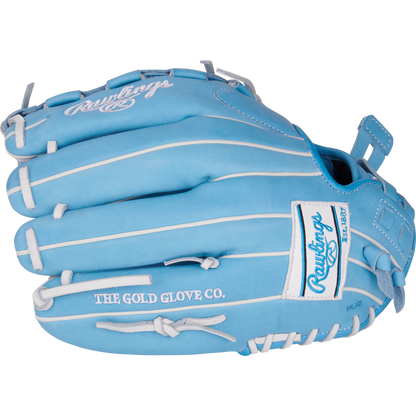 The Rawlings Heart of the Hide 12.5" Fastpitch Glove (PRO125SB-15CB) features a light blue design with white laces, “The Gold Glove Co.” and Rawlings logo embroidered on the side.