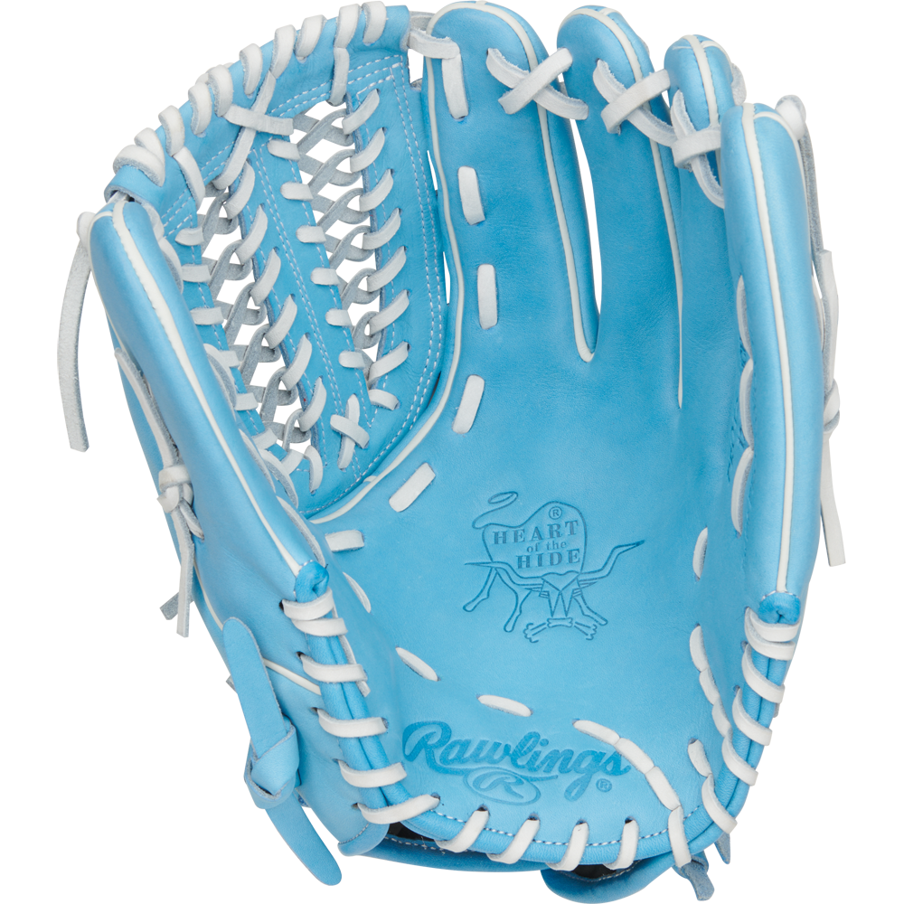 The Rawlings Heart of the Hide 12.5" Fastpitch Glove (PRO125SB-15CB) features light blue leather, white laces, and the Rawlings logo stamped on the palm.