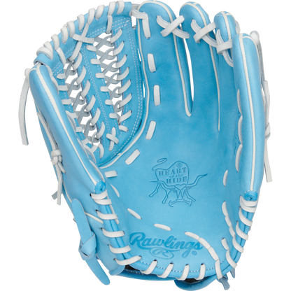 The Rawlings Heart of the Hide 12.5" Fastpitch Glove (PRO125SB-15CB) features light blue leather, white laces, and the Rawlings logo stamped on the palm.