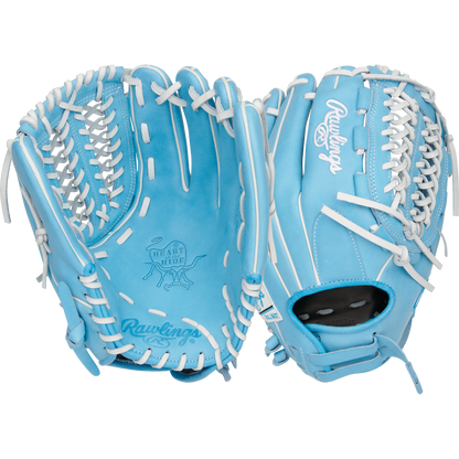 A pair of Rawlings Heart of the Hide 12.5" Fastpitch Gloves (PRO125SB-15CB) in light blue with white laces and branding, shown palm-up and back-up on a white background.