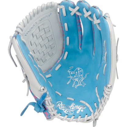 The Rawlings Heart of the Hide 12.5" Fastpitch Glove (PRO125SB-3CBW) features a blue and white design with white laces, pink accents, a basket web, and the iconic Heart of the Hide logo.