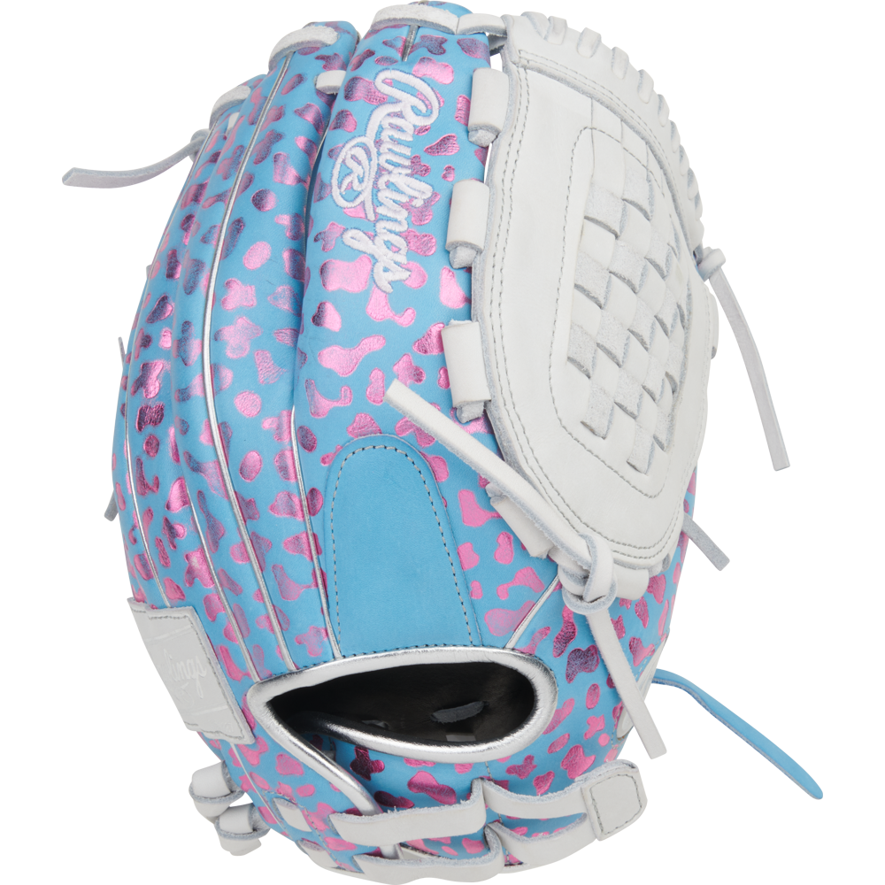 The Rawlings Heart of the Hide 12.5" Fastpitch Glove (PRO125SB-3CBW) features a blue and pink leopard print design with white leather accents, lacing, and a pink-stitched Rawlings logo.
