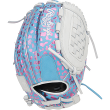 The Rawlings Heart of the Hide 12.5" Fastpitch Glove (PRO125SB-3CBW) features a blue and pink leopard print design with white leather accents, lacing, and a pink-stitched Rawlings logo.