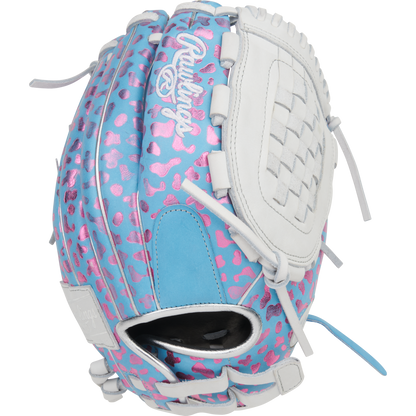 The Rawlings Heart of the Hide 12.5" Fastpitch Glove (PRO125SB-3CBW) features a blue and pink leopard print design with white leather accents, lacing, and a pink-stitched Rawlings logo.