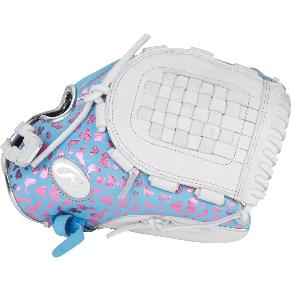 The Rawlings Heart of the Hide 12.5" Fastpitch Glove (PRO125SB-3CBW) features a blue and pink design with white laces, trim, webbing, and eye-catching pink animal prints.