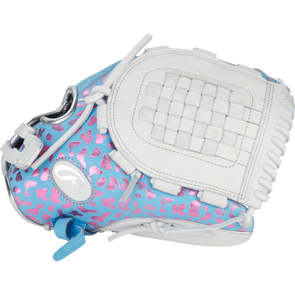 The Rawlings Heart of the Hide 12.5" Fastpitch Glove (PRO125SB-3CBW) features a blue and pink design with white laces, trim, webbing, and eye-catching pink animal prints.