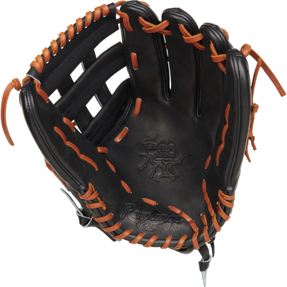 The Rawlings Heart of the Hide 13" Slowpitch Glove (RPRO130SP-6B) is a black leather glove with tan laces and an embossed Rawlings logo on the palm.