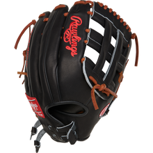 The Rawlings Heart of the Hide 13" Slowpitch Glove (RPRO130SP-6B) features a black design with brown laces, red embroidery, an open web, and a wrist strap patch.