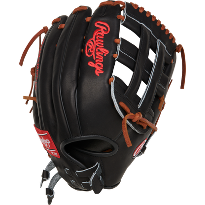 The Rawlings Heart of the Hide 13" Slowpitch Glove (RPRO130SP-6B) features a black design with brown laces, red embroidery, an open web, and a wrist strap patch.
