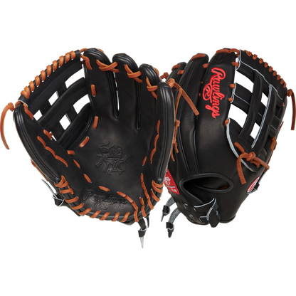 A pair of Rawlings Heart of the Hide 13" Slowpitch Gloves (RPRO130SP-6B) in black with brown laces and red logos, shown front and back on a white background.