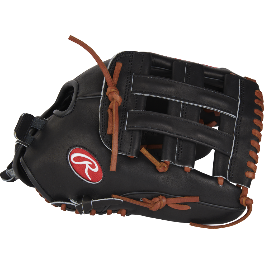 The Rawlings Heart of the Hide 13" Slowpitch Glove (RPRO130SP-6B), a black leather glove with brown laces and the signature red and white logo, is shown against a plain white background.