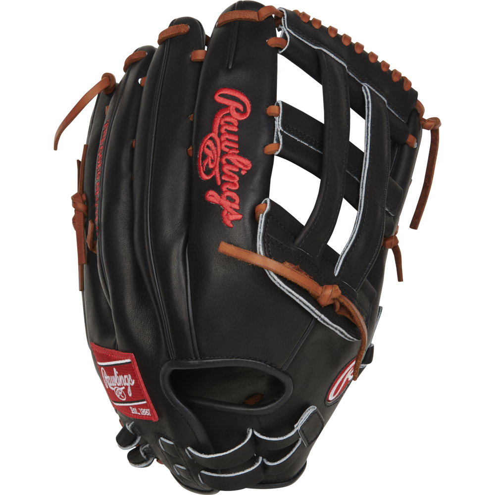 The Rawlings Heart of the Hide 14" Slowpitch Glove (RPRO140SP-6B) features a black design with brown laces, red embroidered logo, open web, and white finger stitching.