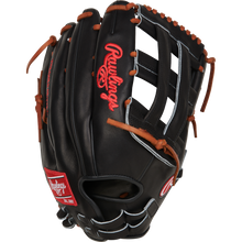 The Rawlings Heart of the Hide 14" Slowpitch Glove (RPRO140SP-6B) features a black design with brown laces, red embroidered logo, open web, and white finger stitching.