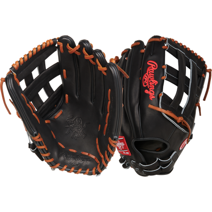 Two black Rawlings Heart of the Hide 14" Slowpitch Gloves (RPRO140SP-6B), featuring brown laces and red Rawlings logos, are shown from both palm and back sides on a white background.