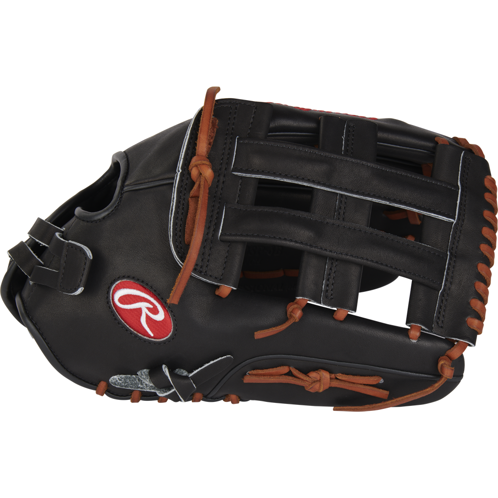 The Rawlings Heart of the Hide 14" Slowpitch Glove (RPRO140SP-6B) features black leather, brown laces, and a red Rawlings logo patch on the side, shown against a white background.