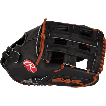The Rawlings Heart of the Hide 14" Slowpitch Glove (RPRO140SP-6B) features black leather, brown laces, and a red Rawlings logo patch on the side, shown against a white background.