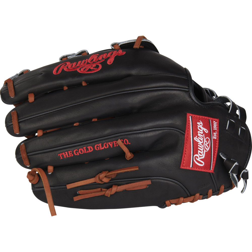 A Rawlings Heart of the Hide 14" slowpitch glove (RPRO140SP-6B) in black with brown laces and red Rawlings logos, including "THE GOLD GLOVE CO." stitched on the side, is pictured palm-down on a white background.