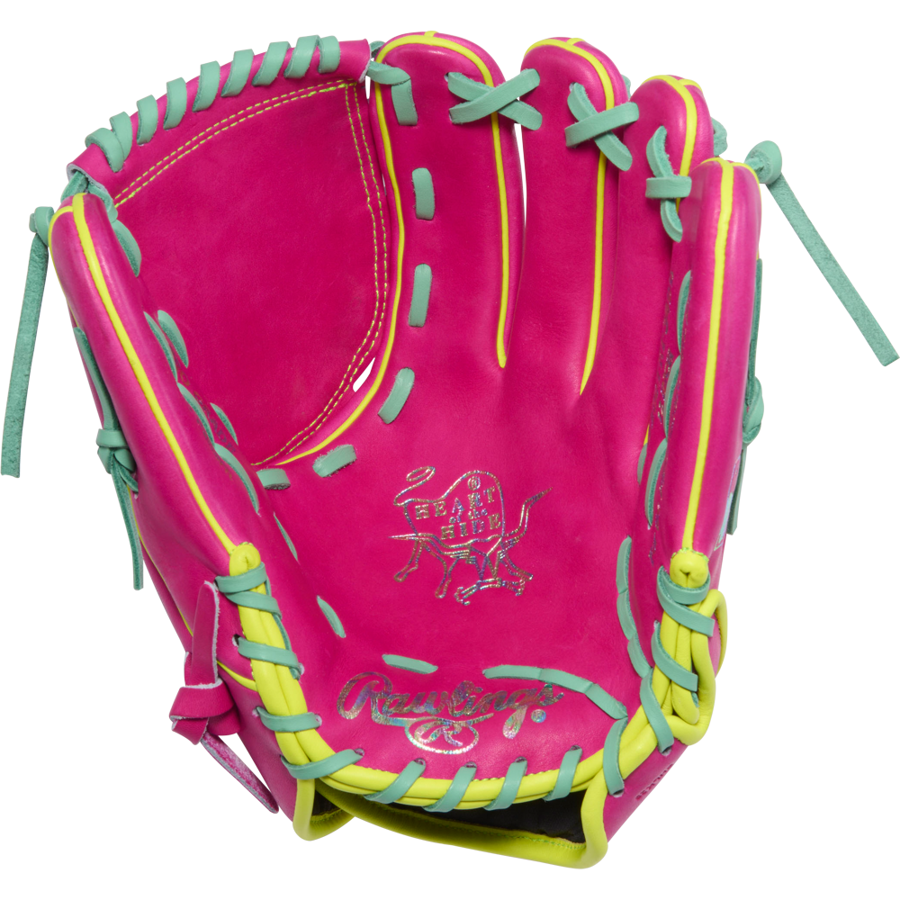 Stand out on the mound with the Rawlings Heart of the Hide 12" Baseball Glove (PRO206TRI-34BE), featuring bright pink leather, yellow and teal laces, and white stitching—ideal for pitchers seeking a bold look.