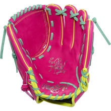 Stand out on the mound with the Rawlings Heart of the Hide 12" Baseball Glove (PRO206TRI-34BE), featuring bright pink leather, yellow and teal laces, and white stitching—ideal for pitchers seeking a bold look.
