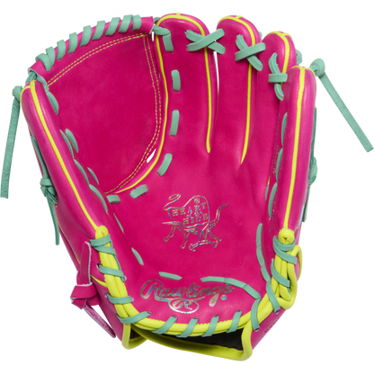 Stand out on the mound with the Rawlings Heart of the Hide 12" Baseball Glove (PRO206TRI-34BE), featuring bright pink leather, yellow and teal laces, and white stitching—ideal for pitchers seeking a bold look.