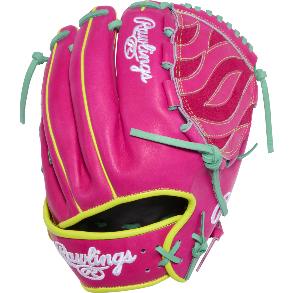 The Rawlings Heart of the Hide 12" Baseball Glove (PRO206TRI-34BE) features a pink design with light blue laces, yellow accents, white embroidered Rawlings logos on the wrist strap and top, plus decorative thumb stitching.