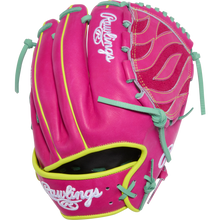 The Rawlings Heart of the Hide 12" Baseball Glove (PRO206TRI-34BE) features a pink design with light blue laces, yellow accents, white embroidered Rawlings logos on the wrist strap and top, plus decorative thumb stitching.