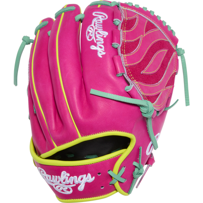 The Rawlings Heart of the Hide 12" Baseball Glove (PRO206TRI-34BE) features a pink design with light blue laces, yellow accents, white embroidered Rawlings logos on the wrist strap and top, plus decorative thumb stitching.