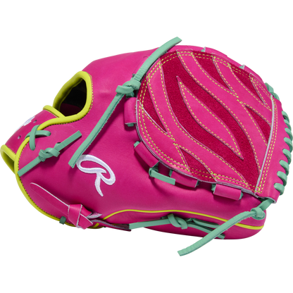 The Rawlings Heart of the Hide 12" Baseball Glove (PRO206TRI-34BE) features a bright pink design with green laces, yellow trim, and decorative stitching, shown on a white background.