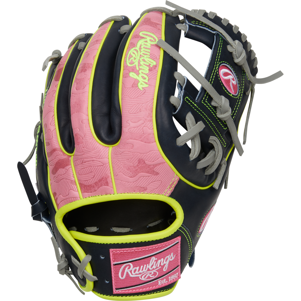The Rawlings Heart of the Hide 11.75" Baseball Glove (PRO315-2NPY) features a stylish pink and black design, delivering top performance and durability for infielders on the diamond.