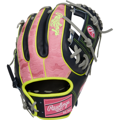 The Rawlings Heart of the Hide 11.75" Baseball Glove (PRO315-2NPY) features a stylish pink and black design, delivering top performance and durability for infielders on the diamond.