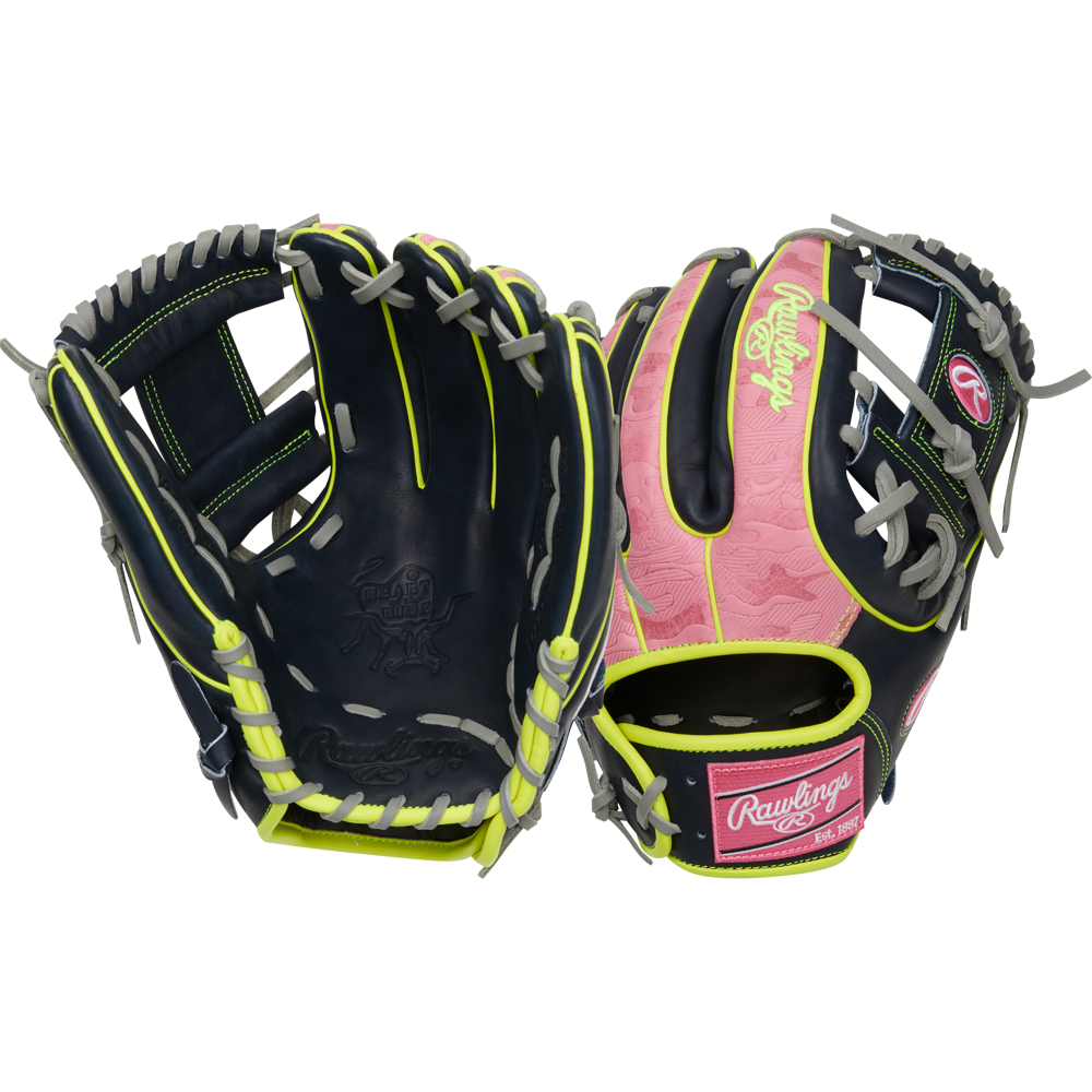 Two Rawlings Heart of the Hide 11.75" gloves: one features a black palm with yellow and gray laces, the other has a pink back accented with black, yellow, and gray plus white Rawlings logos.