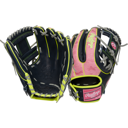 Two Rawlings Heart of the Hide 11.75" gloves: one features a black palm with yellow and gray laces, the other has a pink back accented with black, yellow, and gray plus white Rawlings logos.