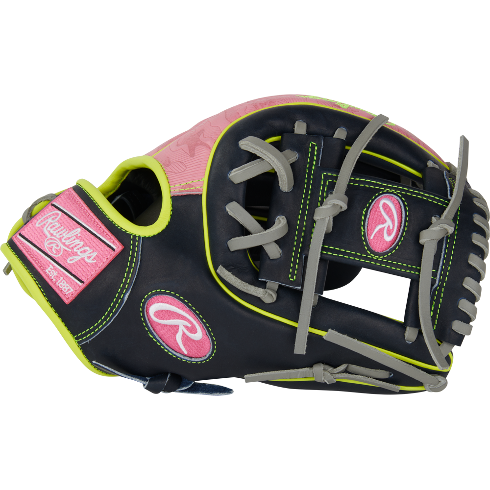 The Rawlings Heart of the Hide 11.75" Baseball Glove (PRO315-2NPY) showcases black leather with neon yellow piping, gray laces, and pink accents—including the Rawlings logo—displayed on a plain white background.