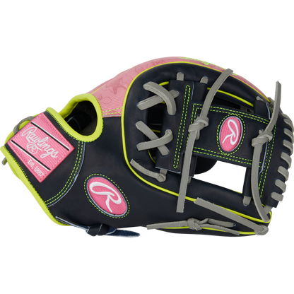 The Rawlings Heart of the Hide 11.75" Baseball Glove (PRO315-2NPY) showcases black leather with neon yellow piping, gray laces, and pink accents—including the Rawlings logo—displayed on a plain white background.