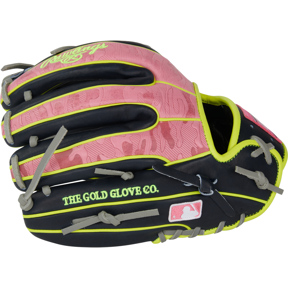 The Rawlings Heart of the Hide 11.75" PRO315-2NPY infield glove features a black and pink design with yellow trim, gray laces, gold/white MLB logo embroidery, and delivers elite performance with standout style.