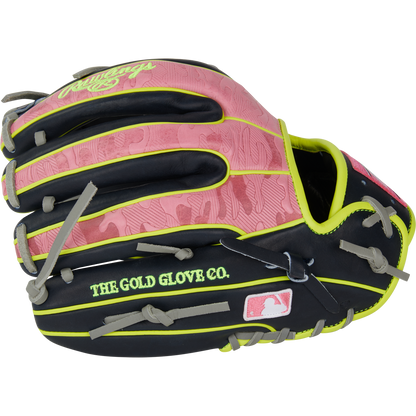 The Rawlings Heart of the Hide 11.75" PRO315-2NPY infield glove features a black and pink design with yellow trim, gray laces, gold/white MLB logo embroidery, and delivers elite performance with standout style.